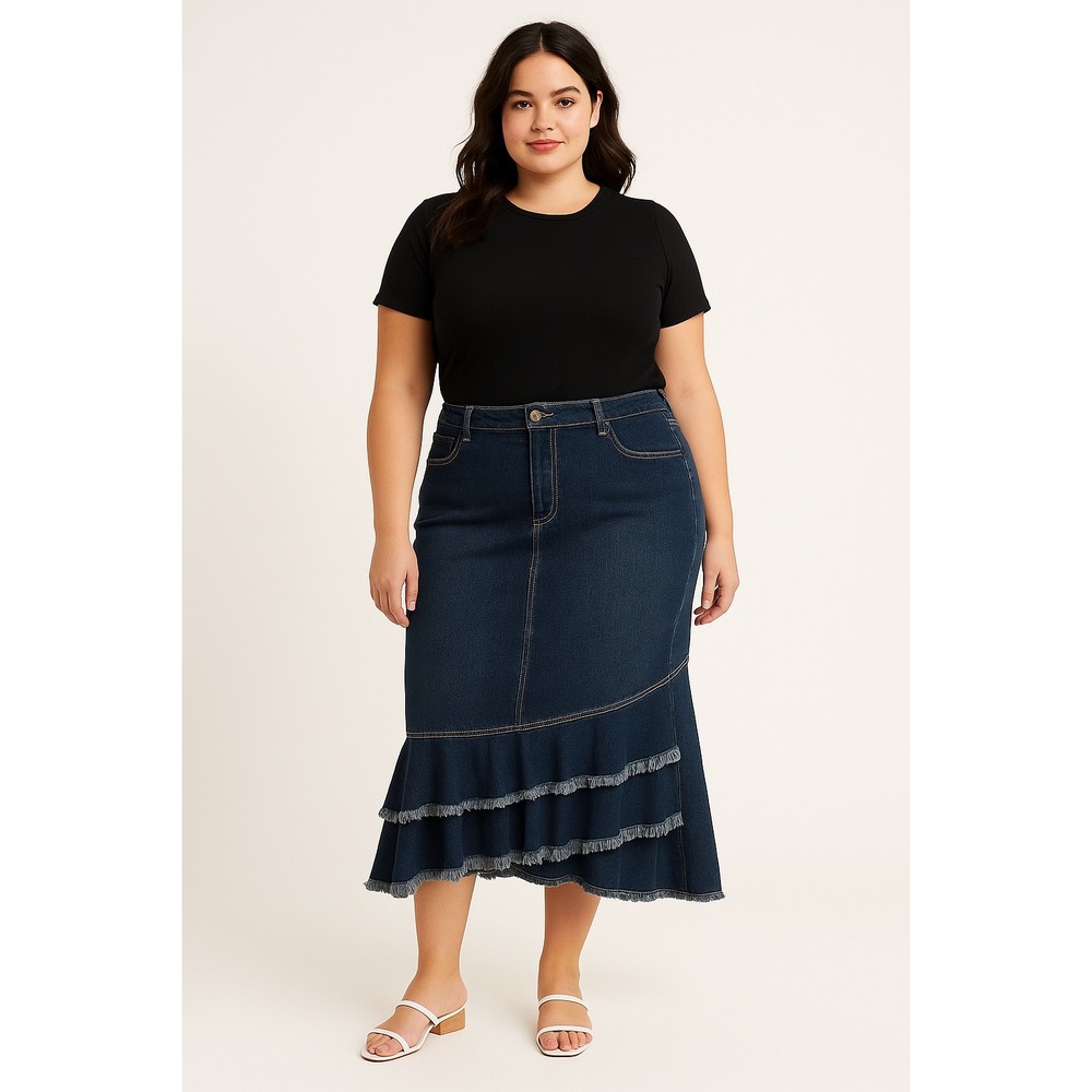 Baccini Maxi Skirt Blue Denim Womens Size 10 Ruffled Fringe Trim 5 Pockets
